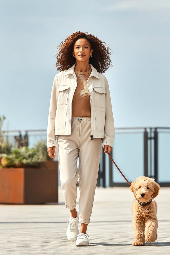 A woman walking outdoors with her dog on a sunny morning.