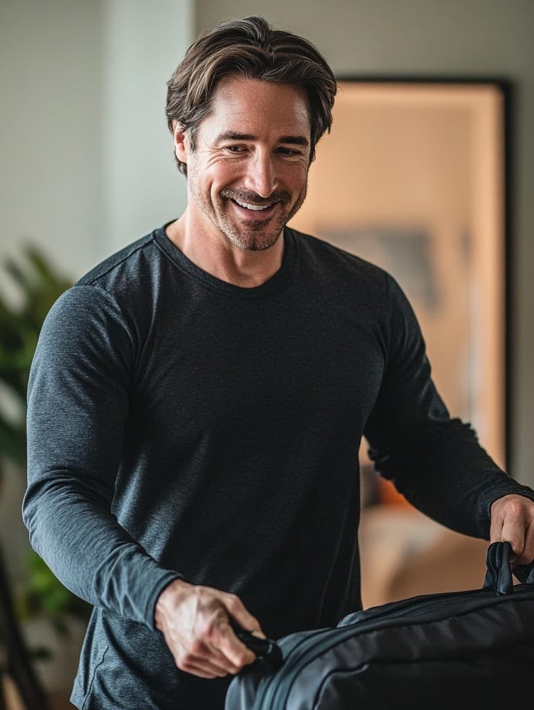 Smiling man holding a duffel bag at home.