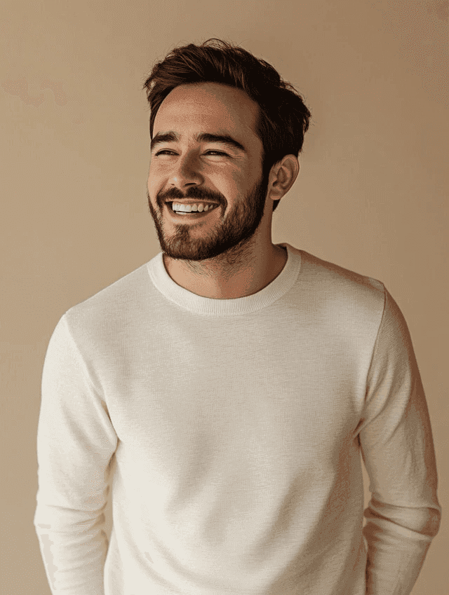 Smiling man in a cream sweater.