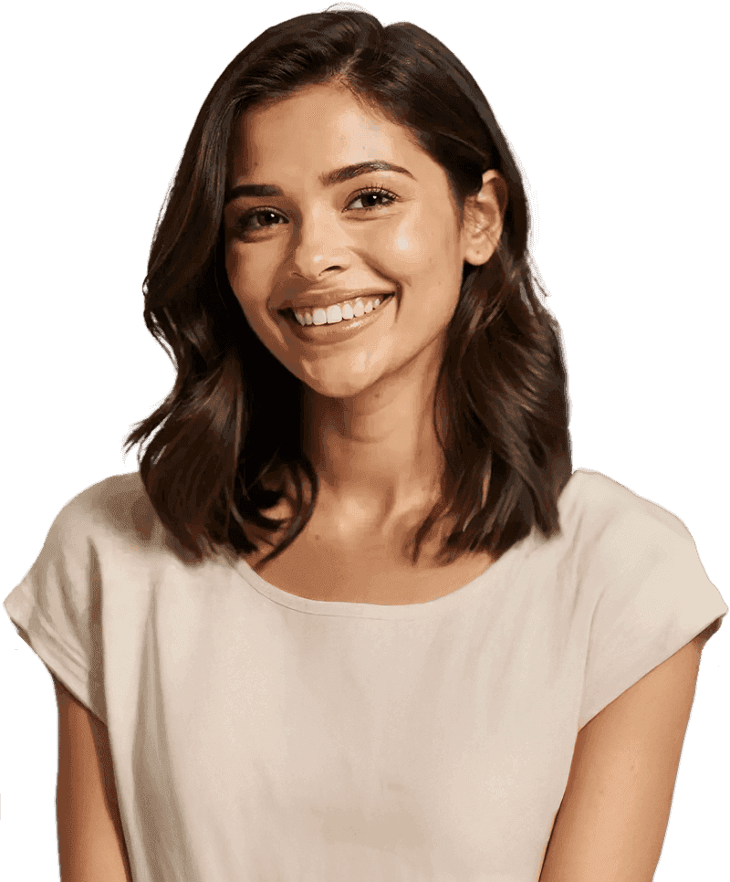 Smiling woman in a beige top.