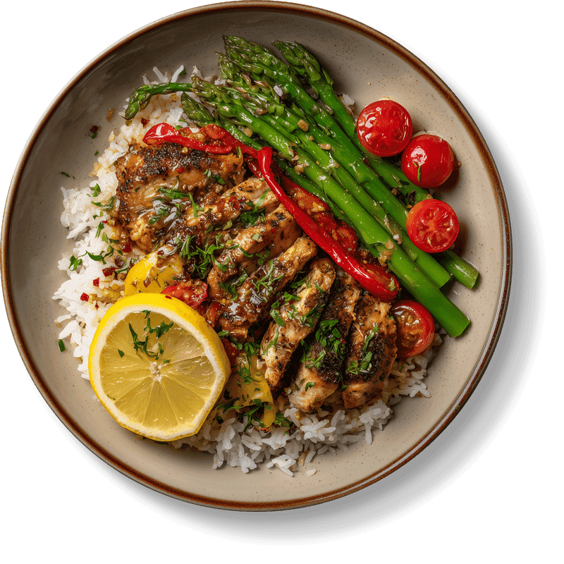 A plate of grilled chicken, rice, asparagus, and tomatoes.